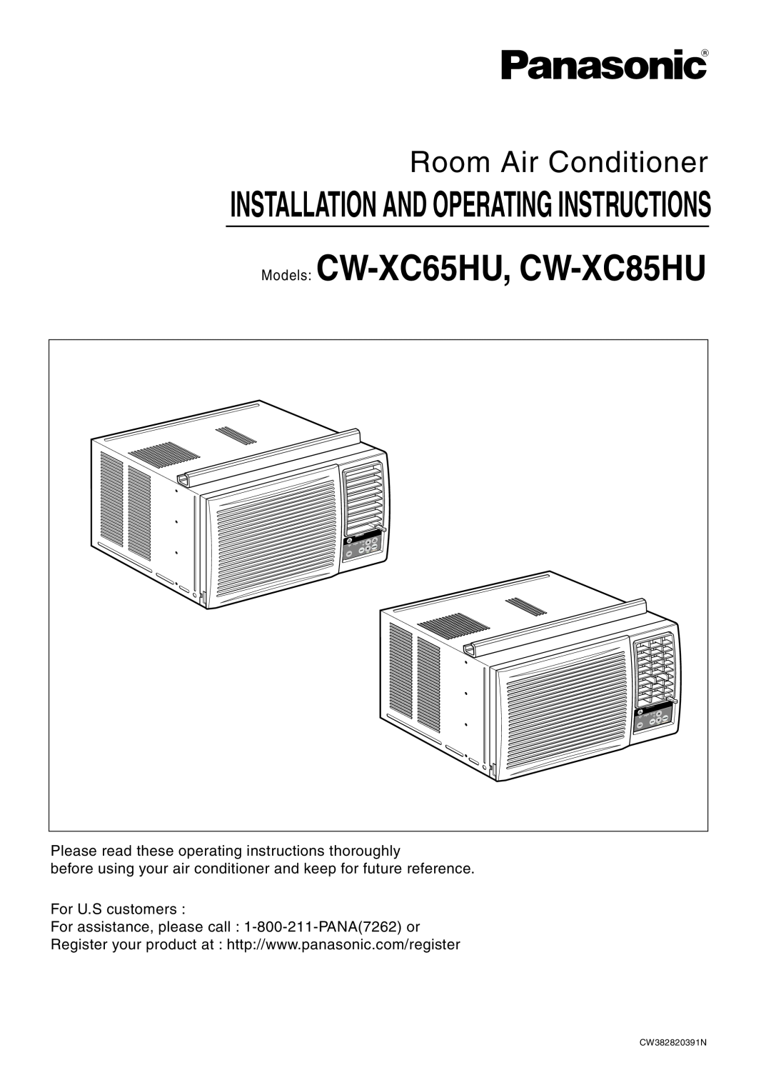Panasonic manual Models CW-XC65HU, CW-XC85HU, Room Air Conditioner, Installation And Operating Instructions 