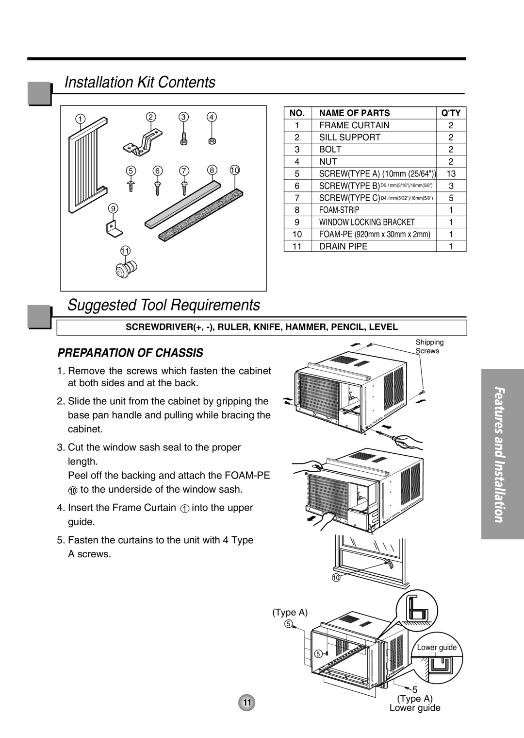 Panasonic CW-XC85HU, CW-XC65HU manual Installation Kit Contents, Suggested Tool Requirements, Preparation Of Chassis 