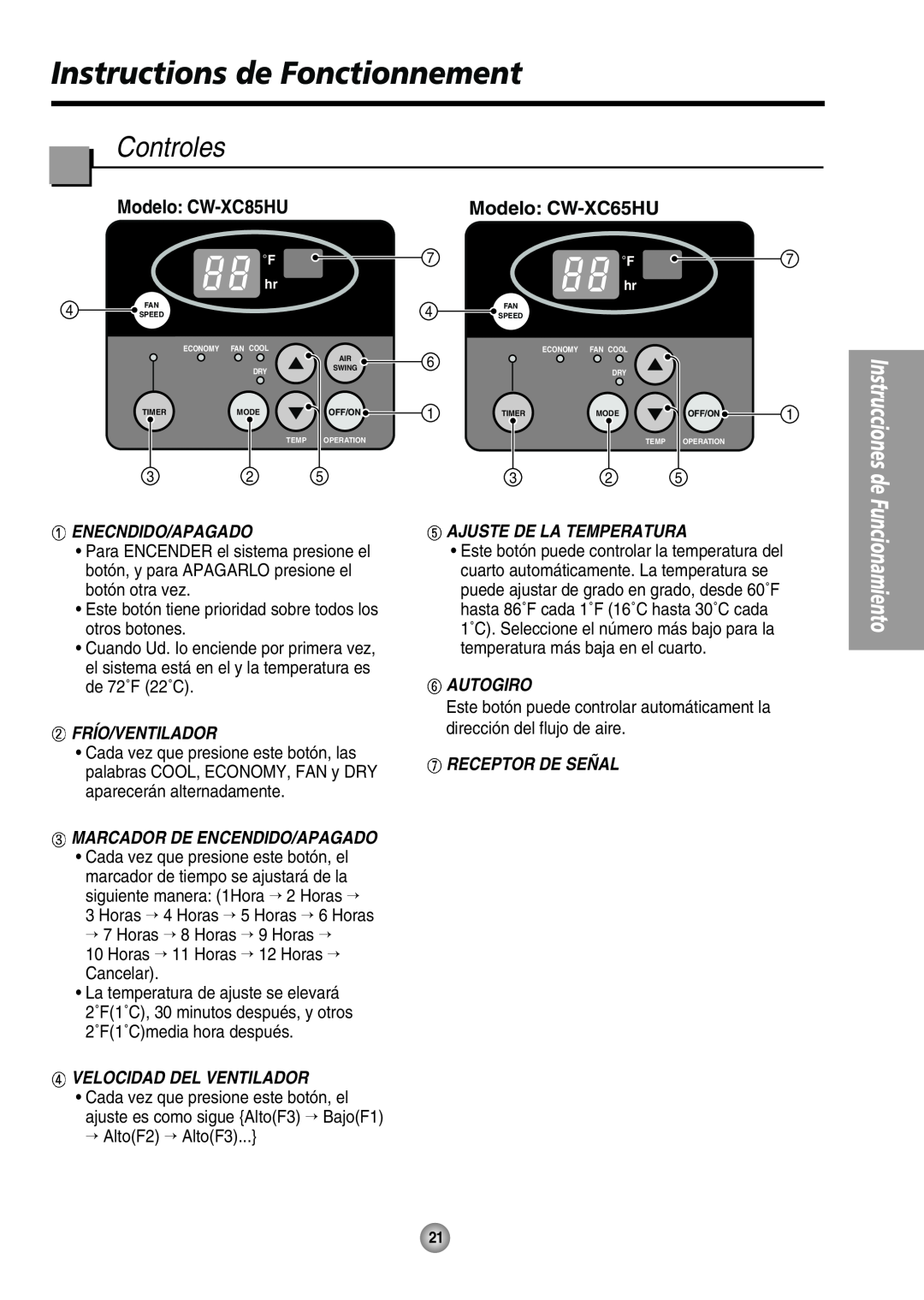 Panasonic CW-XC85HU, CW-XC65HU Instructions de Fonctionnement, Controles, Enecndido/Apagado, Frío/Ventilador, Autogiro 