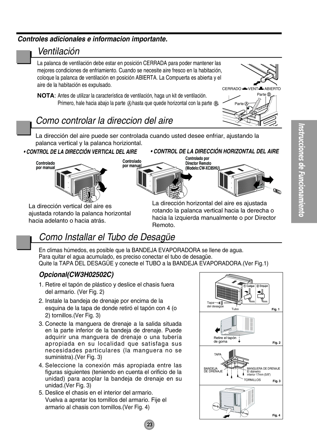 Panasonic CW-XC85HU, CW-XC65HU manual Ventilación, Como controlar la direccion del aire, Como Installar el Tubo de Desagüe 