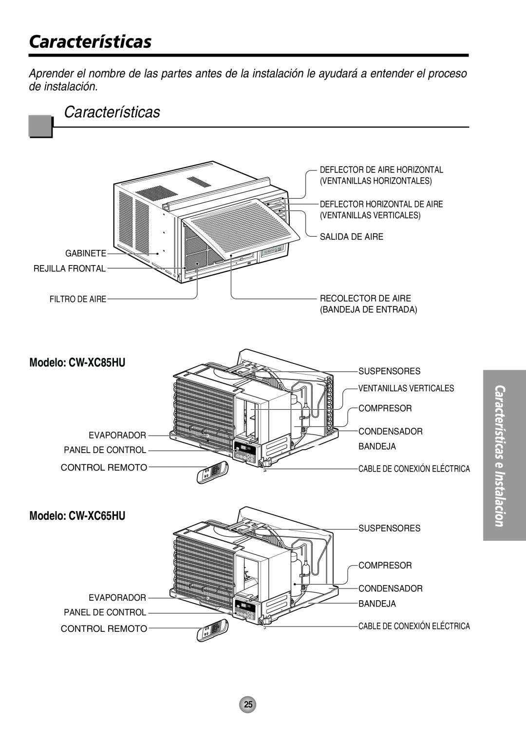 Panasonic manual Modelo CW-XC65HU, Características e Instalacion, Modelo CW-XC85HU, Evaporador 