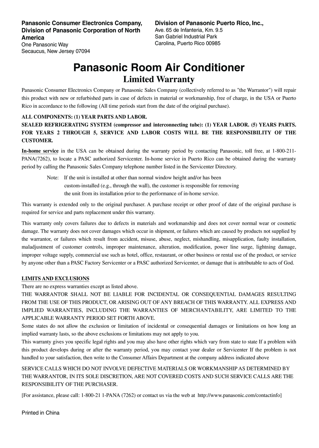 Panasonic CW-XC85HU, CW-XC65HU Panasonic Room Air Conditioner, Limited Warranty, Division of Panasonic Puerto Rico, Inc 