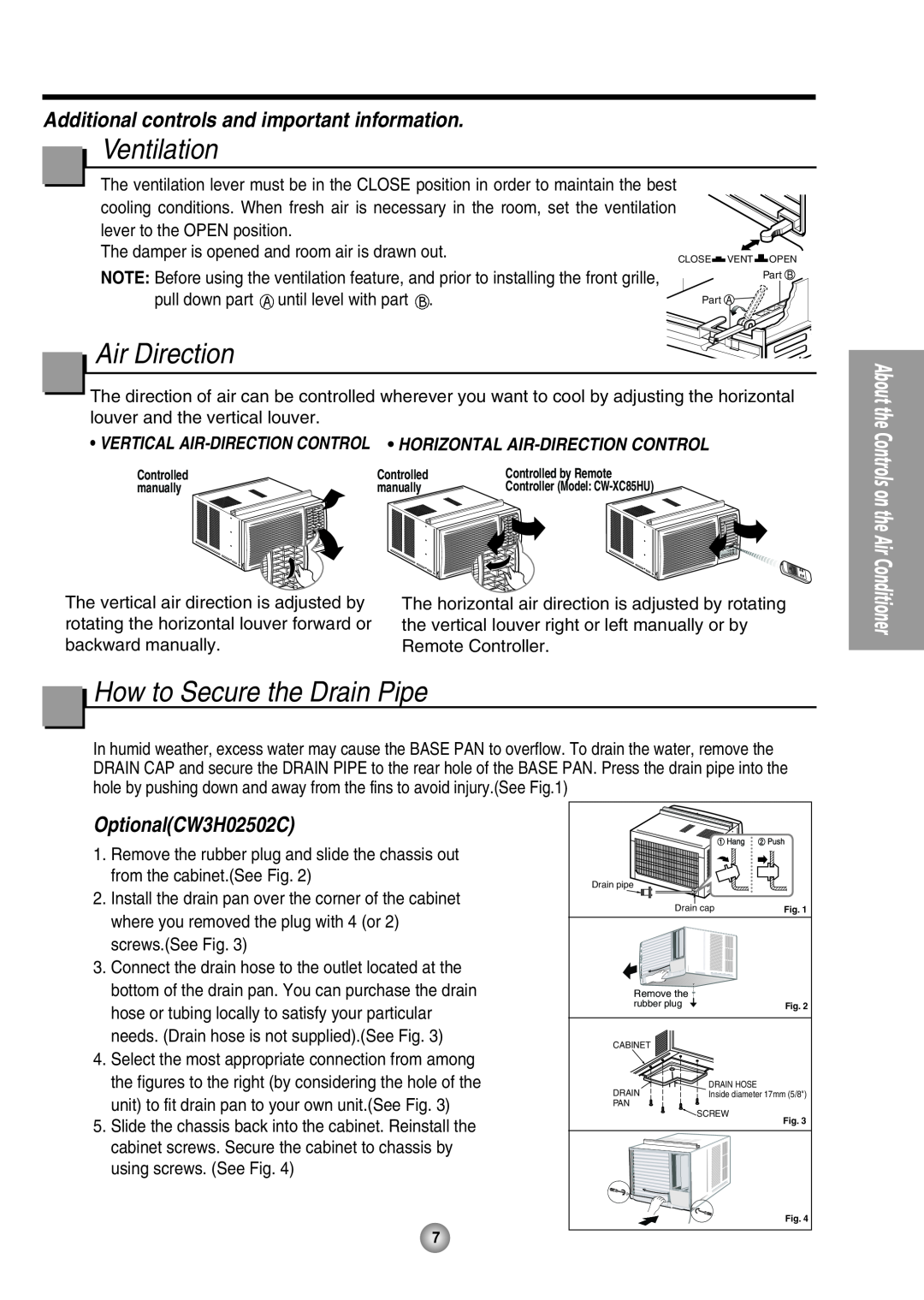 Panasonic CW-XC85HU, CW-XC65HU manual Ventilation, Air Direction, How to Secure the Drain Pipe, OptionalCW3H02502C 