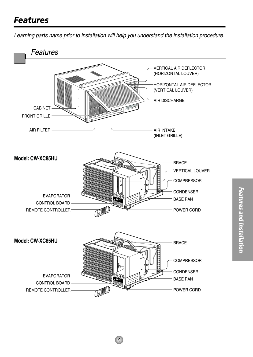 Panasonic manual Model CW-XC65HU, Features and Installation, Model CW-XC85HU 