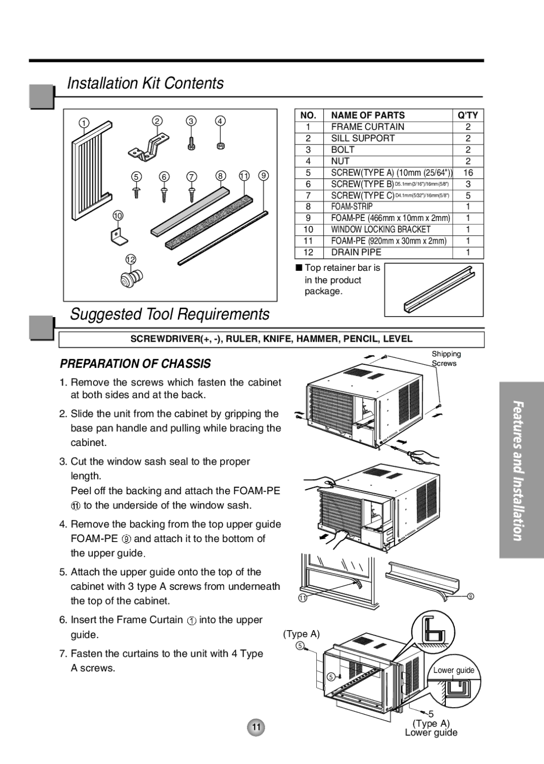 Panasonic CW-XC80HU manual Installation Kit Contents Suggested Tool Requirements 