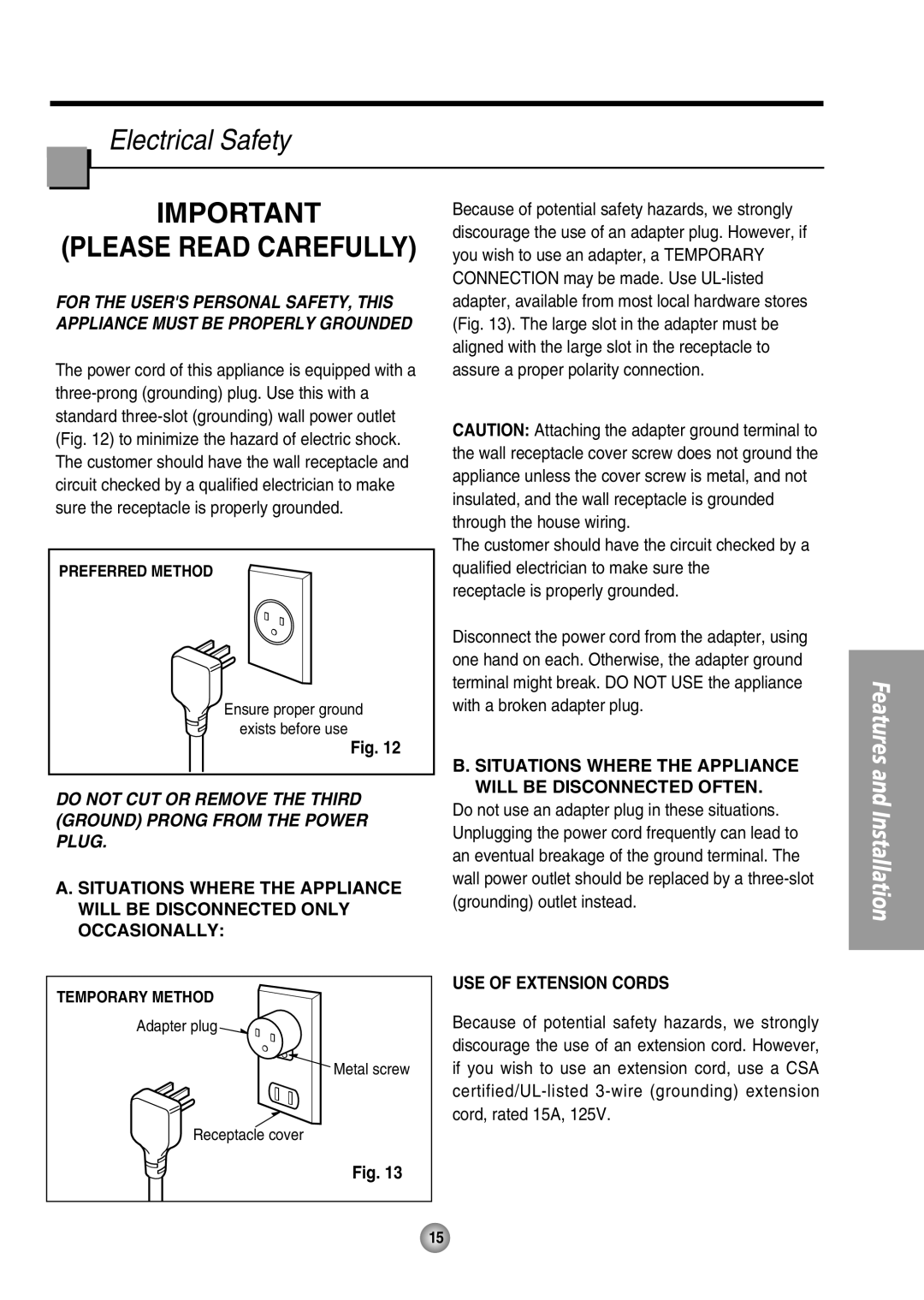 Panasonic CW-XC80HU Electrical Safety, Situations Where the Appliance will be Disconnected Often, USE of Extension Cords 