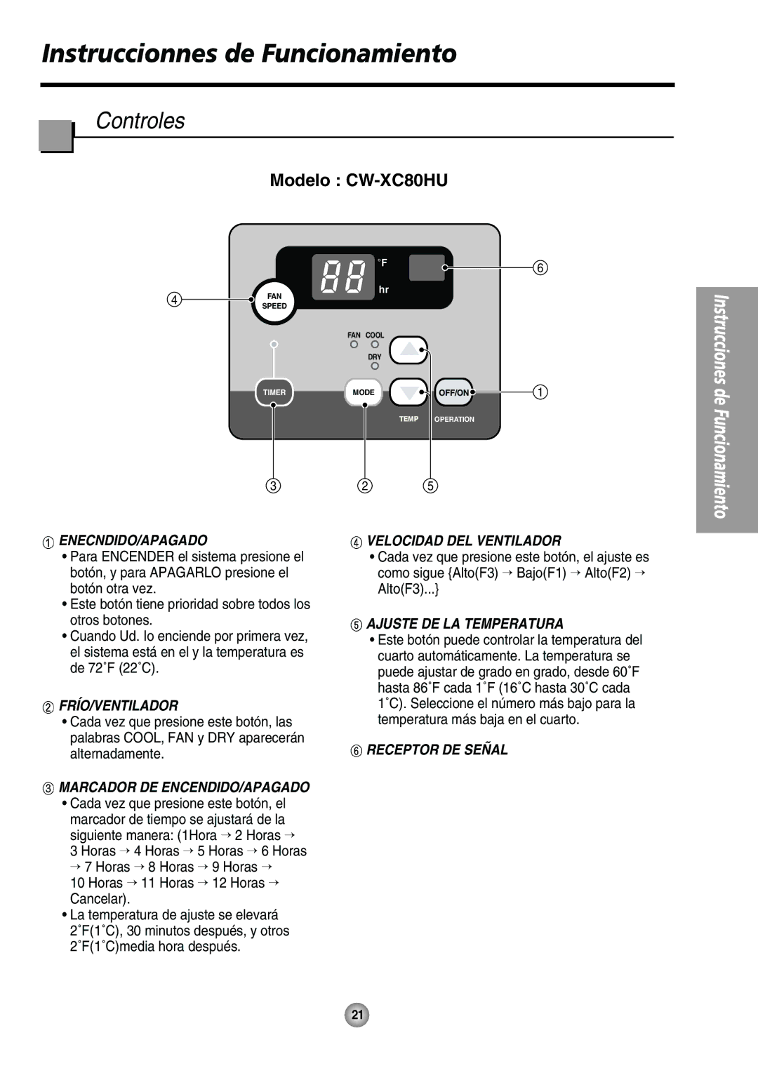 Panasonic CW-XC80HU manual Instruccionnes de Funcionamiento, Controles 