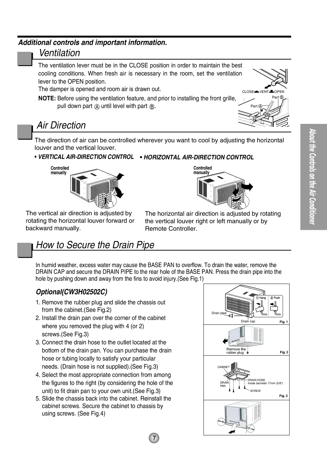 Panasonic CW-XC80HU manual Ventilation, Air Direction, How to Secure the Drain Pipe 