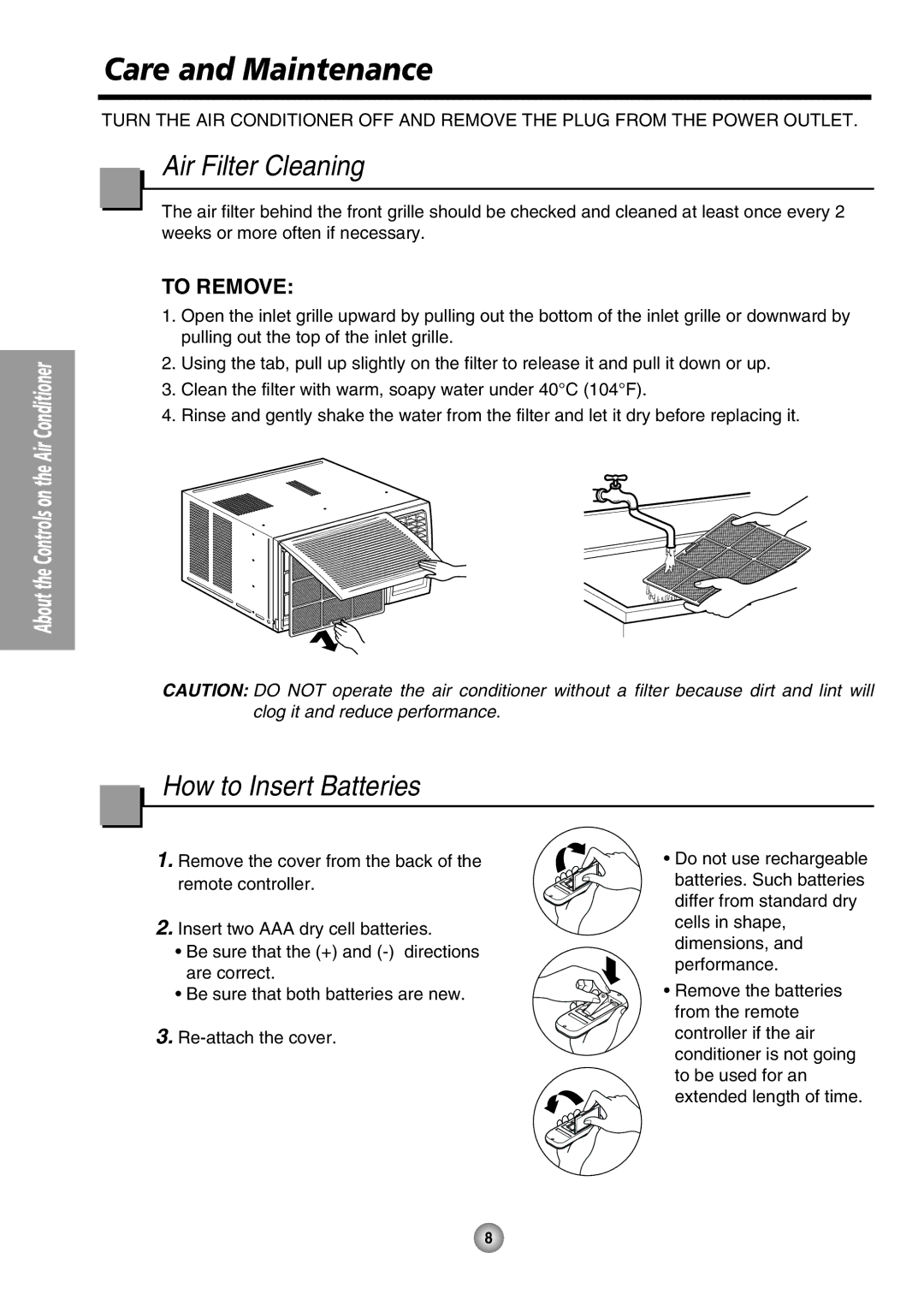 Panasonic CW-XC80HU manual Care and Maintenance, Air Filter Cleaning, How to Insert Batteries 