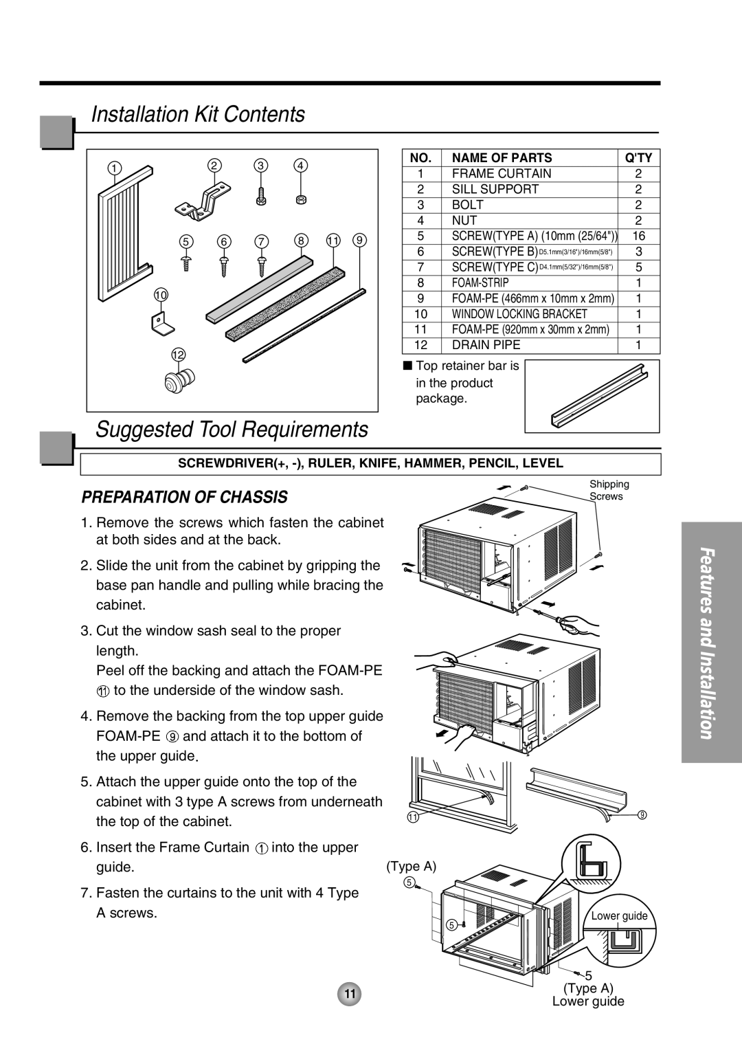 Panasonic CW-XC80HU manual Installation Kit Contents, Suggested Tool Requirements, Preparation Of Chassis 