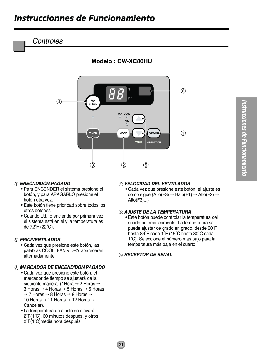 Panasonic manual Instruccionnes de Funcionamiento, Controles, Modelo CW-XC80HU, Enecndido/Apagado, Frío/Ventilador 