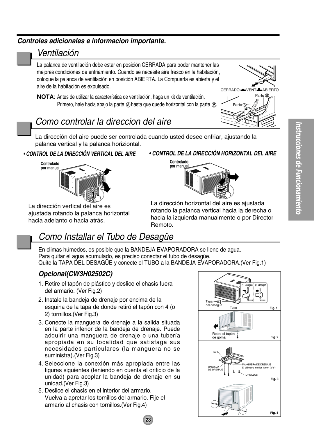 Panasonic CW-XC80HU manual Ventilación, Como controlar la direccion del aire, Como Installar el Tubo de Desagüe 