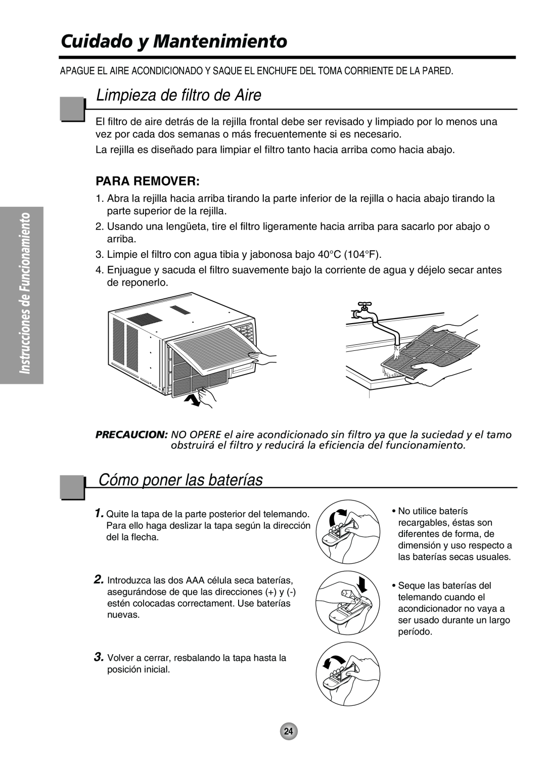 Panasonic CW-XC80HU manual Cuidado y Mantenimiento, Limpieza de filtro de Aire, Cómo poner las baterías, Para Remover 