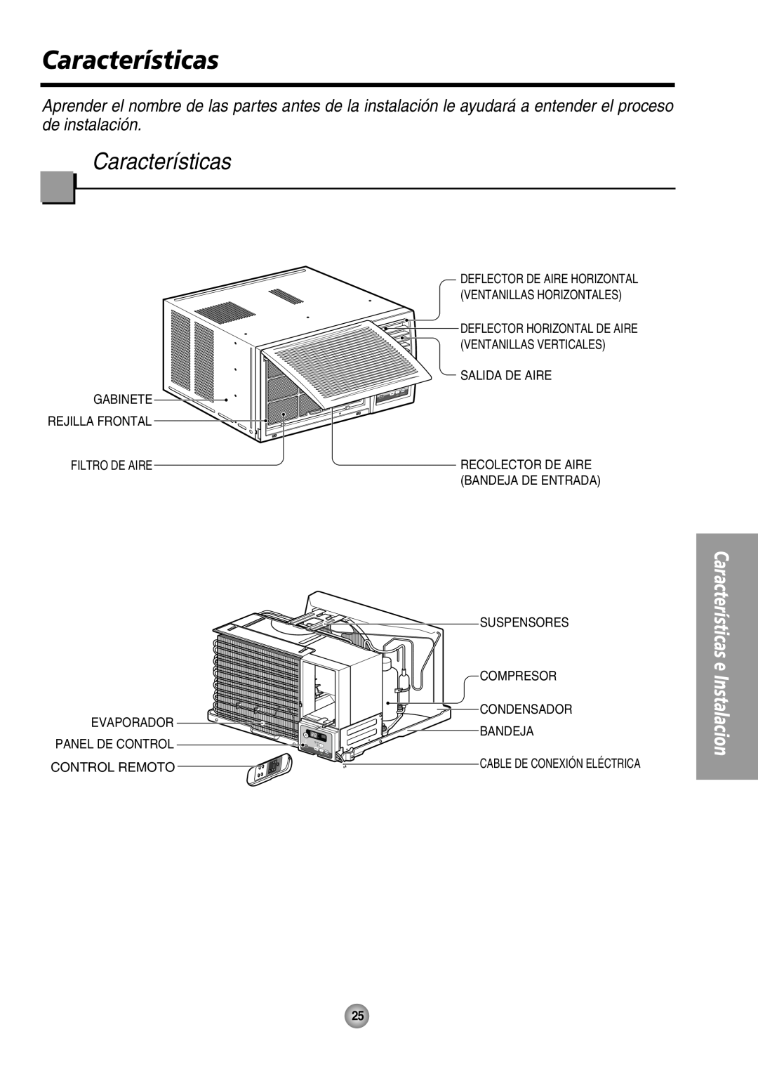 Panasonic CW-XC80HU Características e, Instalacion, Ventanillas Verticales, Salida De Aire, Filtro De Aire, Compresor 