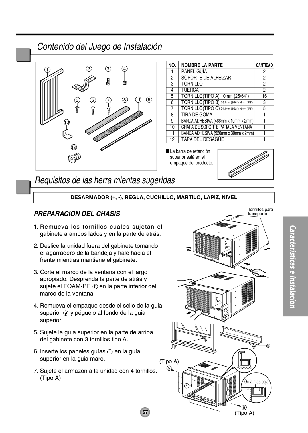 Panasonic CW-XC80HU Contenido del Juego de Instalación, Requisitos de las herra mientas sugeridas, Preparacion Del Chasis 