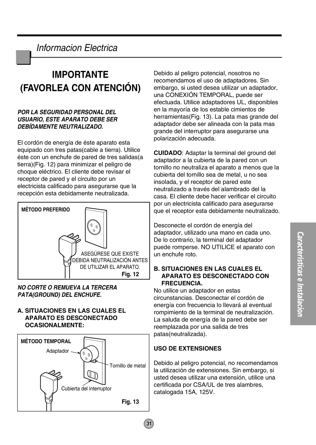 Panasonic CW-XC80HU manual Informacion Electrica, Importante Favorlea Con Atención, Uso De Extensiones 