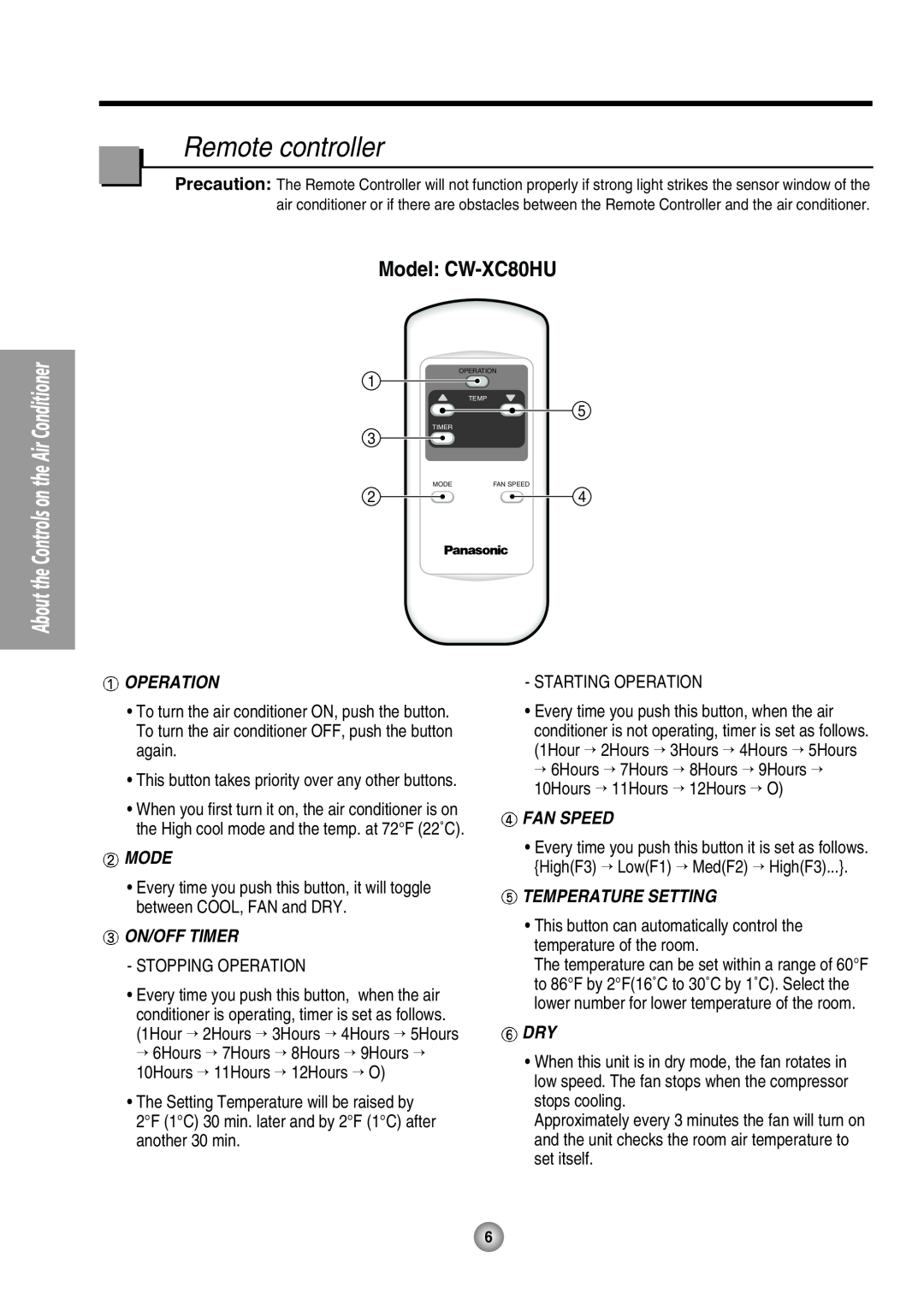 Panasonic manual Remote controller, Model CW-XC80HU, Operation, On/Off Timer, Fan Speed, Temperature Setting 
