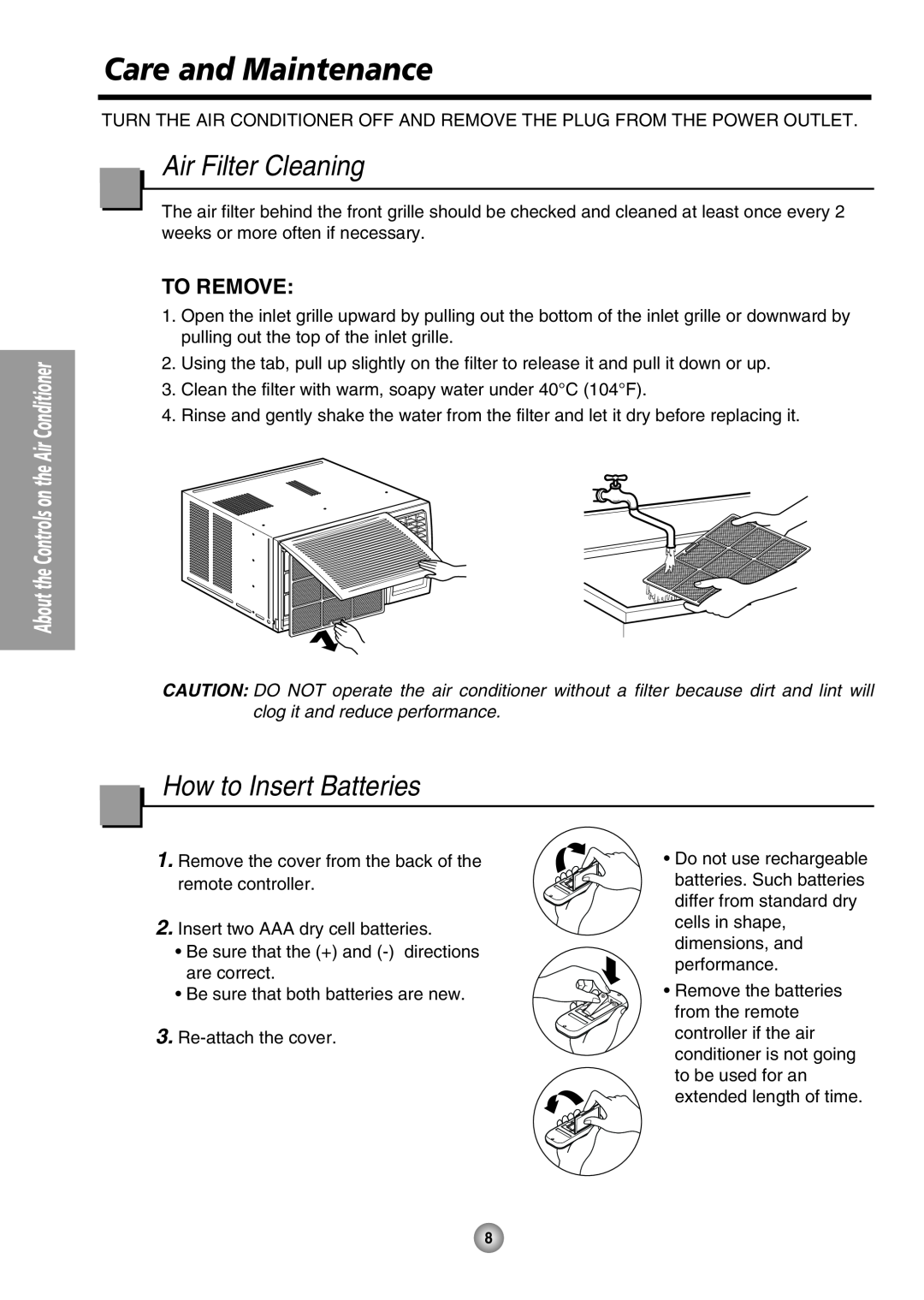 Panasonic CW-XC80HU manual Care and Maintenance, Air Filter Cleaning, How to Insert Batteries, To Remove 