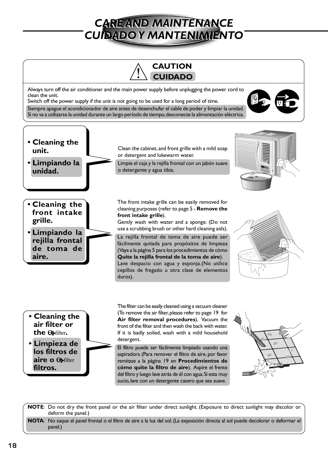 Panasonic CW-XC82YU specifications Care and Maintenance Cuidado Y Mantenimiento 