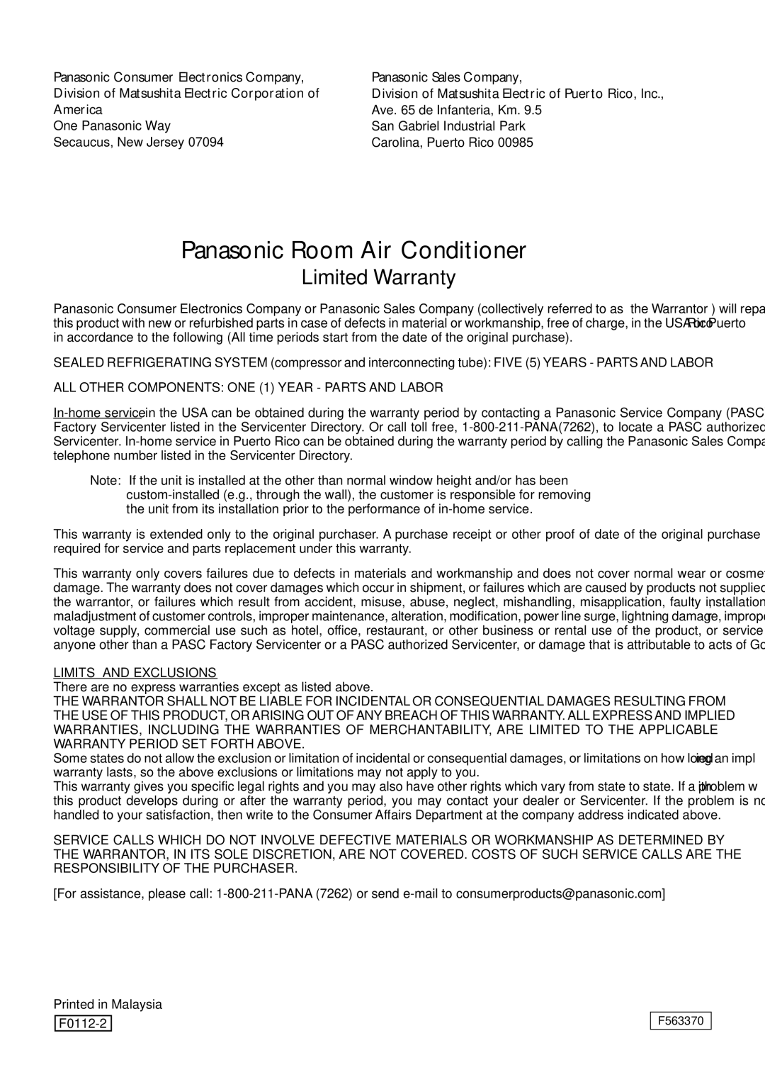 Panasonic CW-XC82YU specifications Panasonic Room Air Conditioner 