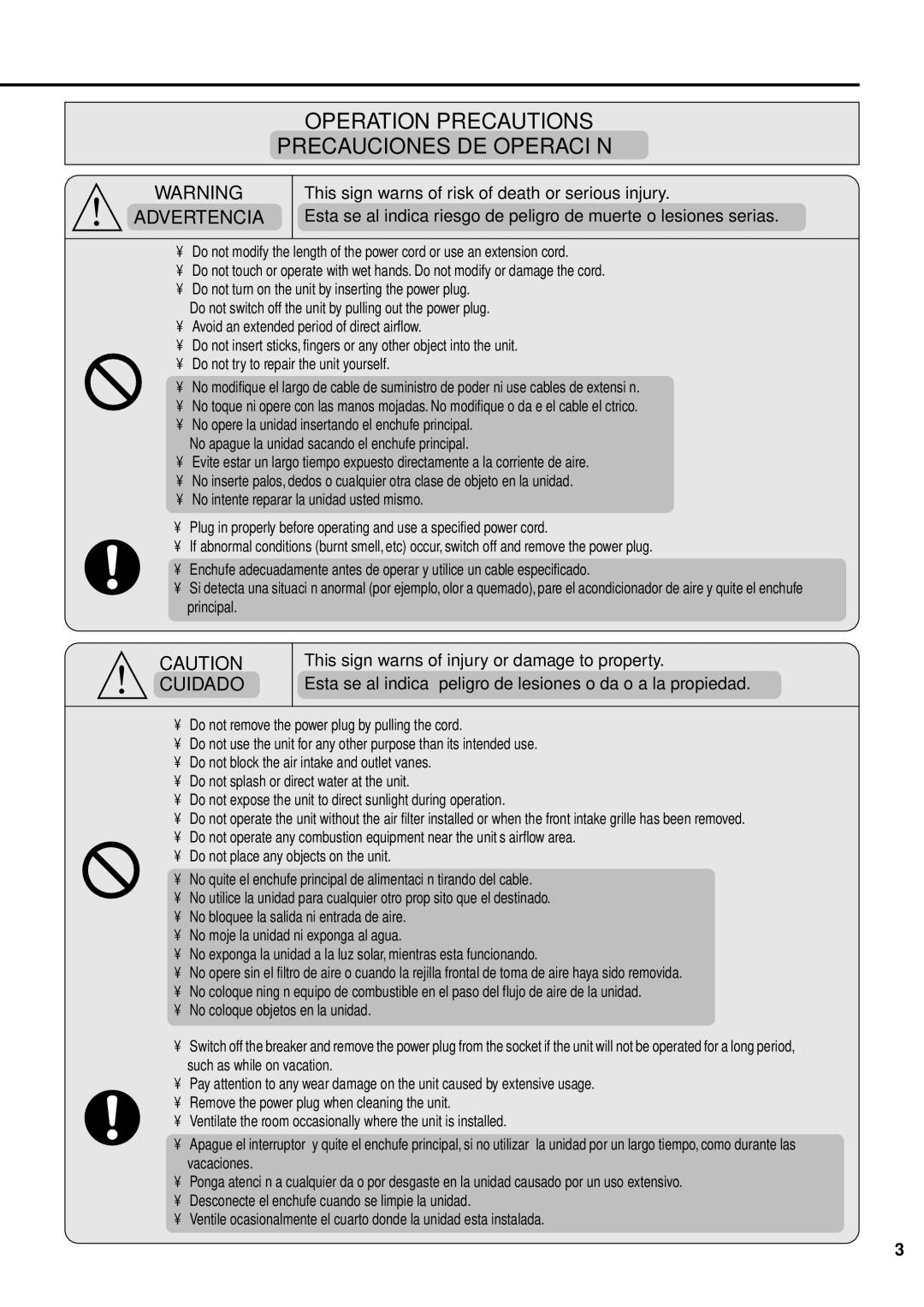 Panasonic CW-XC82YU specifications Operation Precautions Precauciones DE Operación, Advertencia 