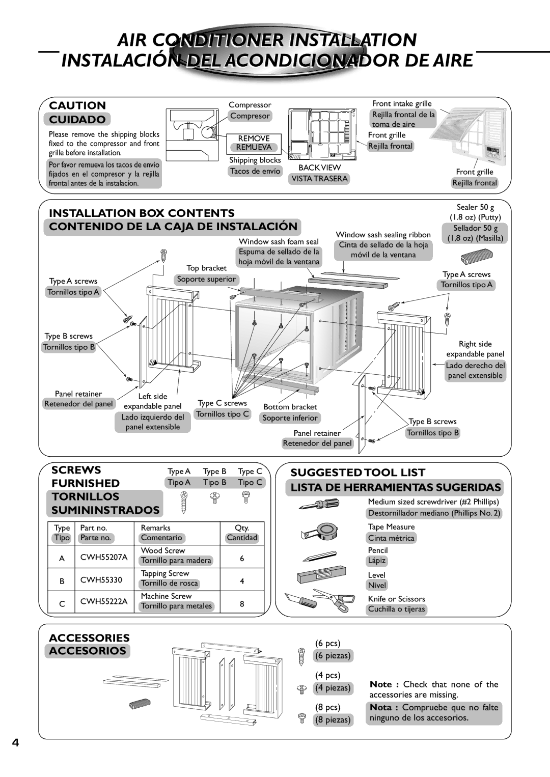 Panasonic CW-XC82YU Cuidado, Installation BOX Contents, Contenido DE LA Caja DE Instalación, Screws, Furnished 