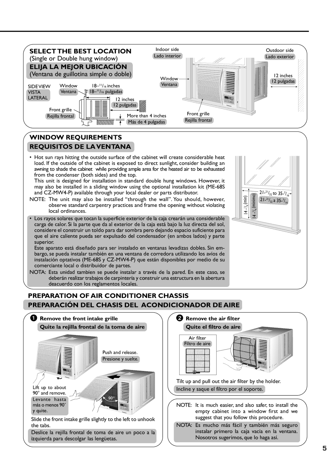 Panasonic CW-XC82YU Select the Best Location, Elija LA Mejor Ubicación, Window Requirements Requisitos DE LA Ventana 