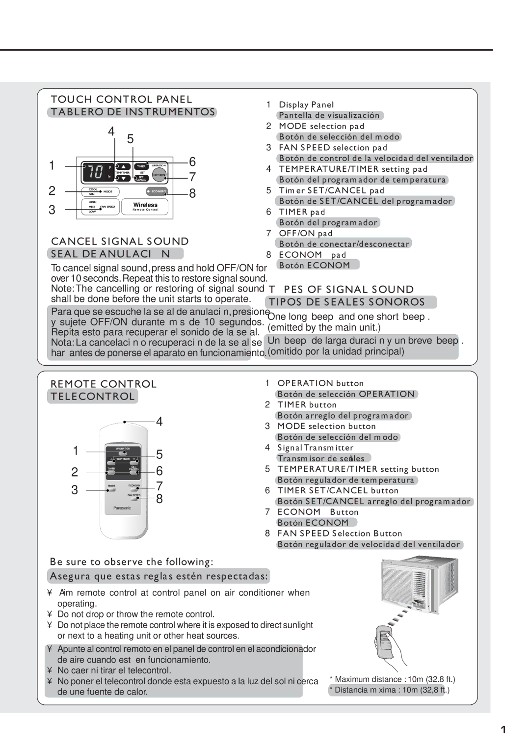 Panasonic CW-XC83YU Touch Control Panel, Tablero DE Instrumentos, Cancel Signal Sound, Señal DE Anulación, Remote Control 