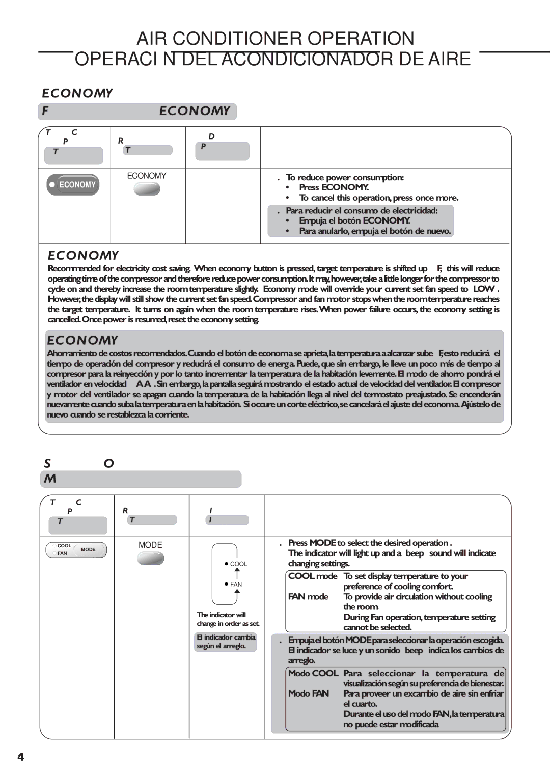 Panasonic CW-XC83YU specifications Economy mode operation Funcionamento en Economy 