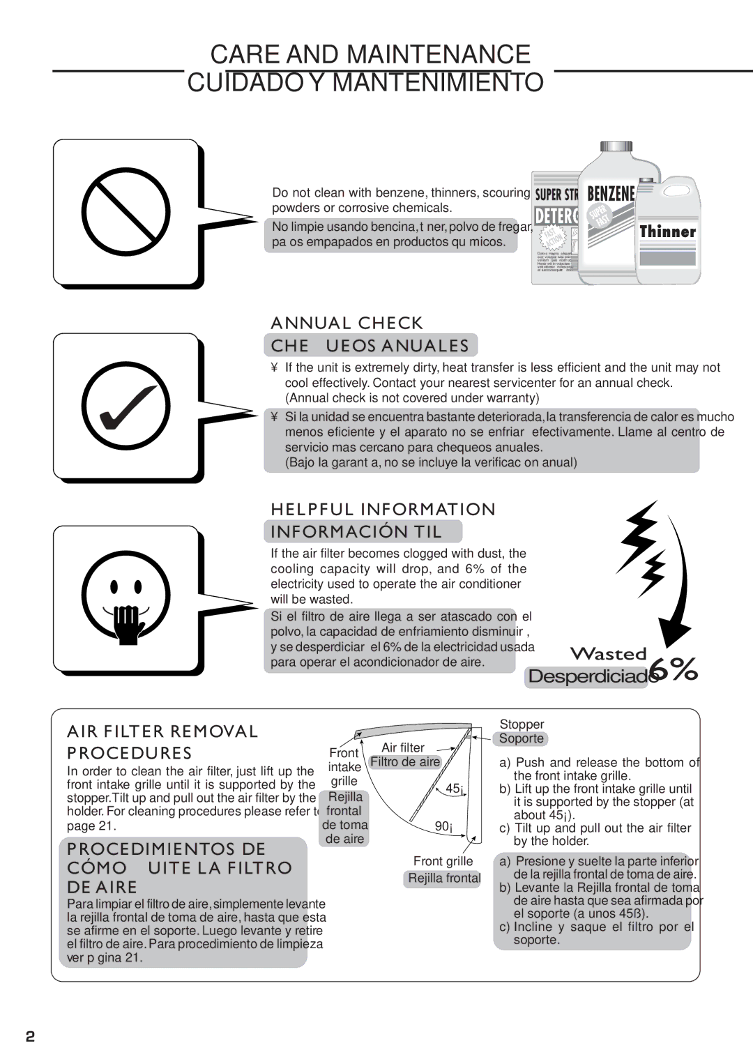 Panasonic CW-XC83YU Annual Check Chequeos Anuales, Helpful Information Información Útil, AIR Filter Removal Procedures 