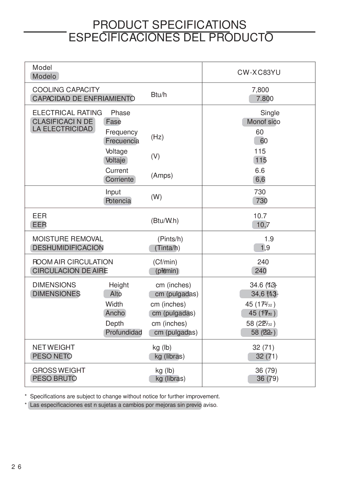 Panasonic CW-XC83YU specifications Product Specifications Especificaciones DEL Producto 