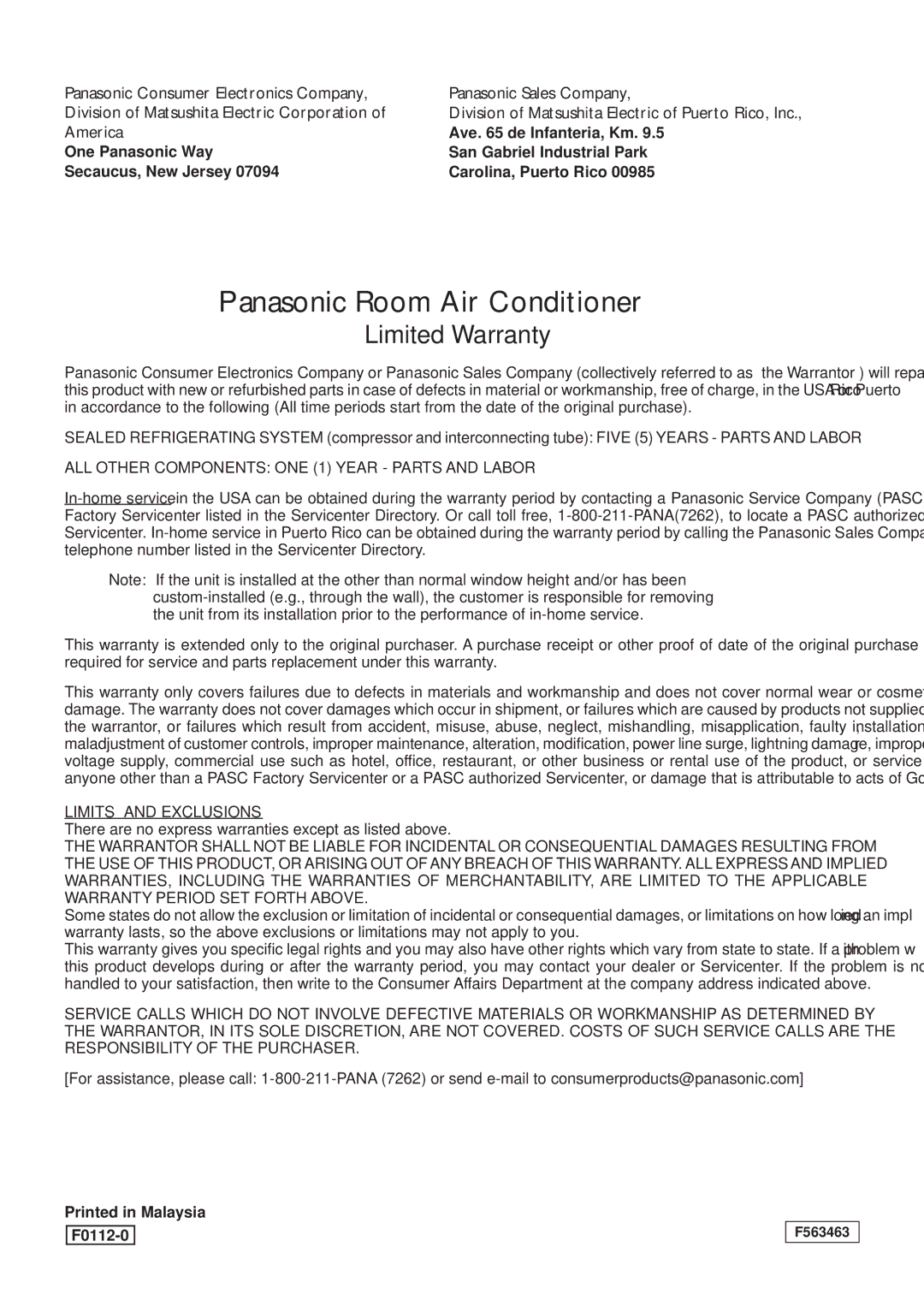 Panasonic CW-XC83YU specifications Panasonic Room Air Conditioner 