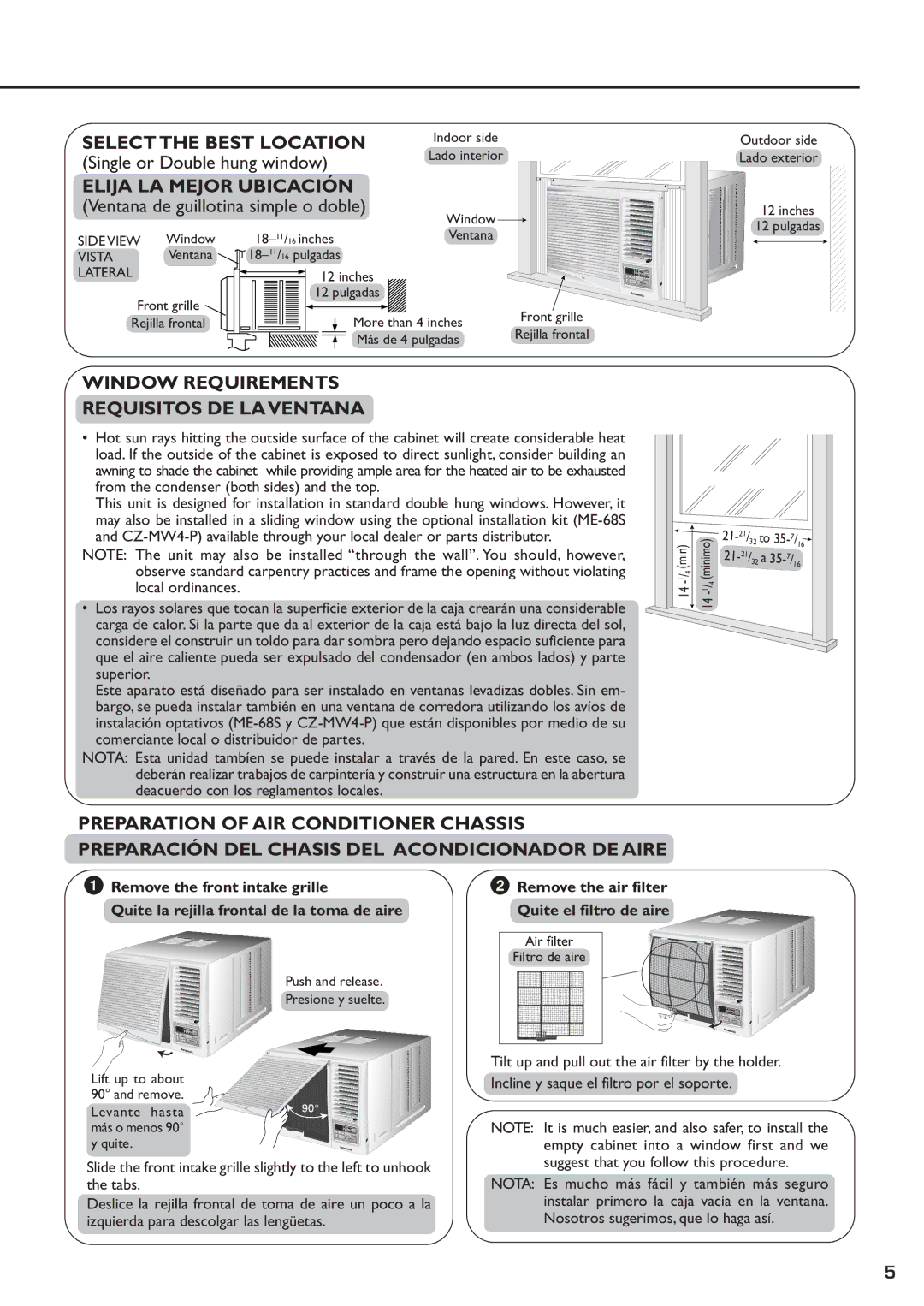 Panasonic CW-XC83YU Select the Best Location, Elija LA Mejor Ubicación, Window Requirements Requisitos DE LA Ventana 