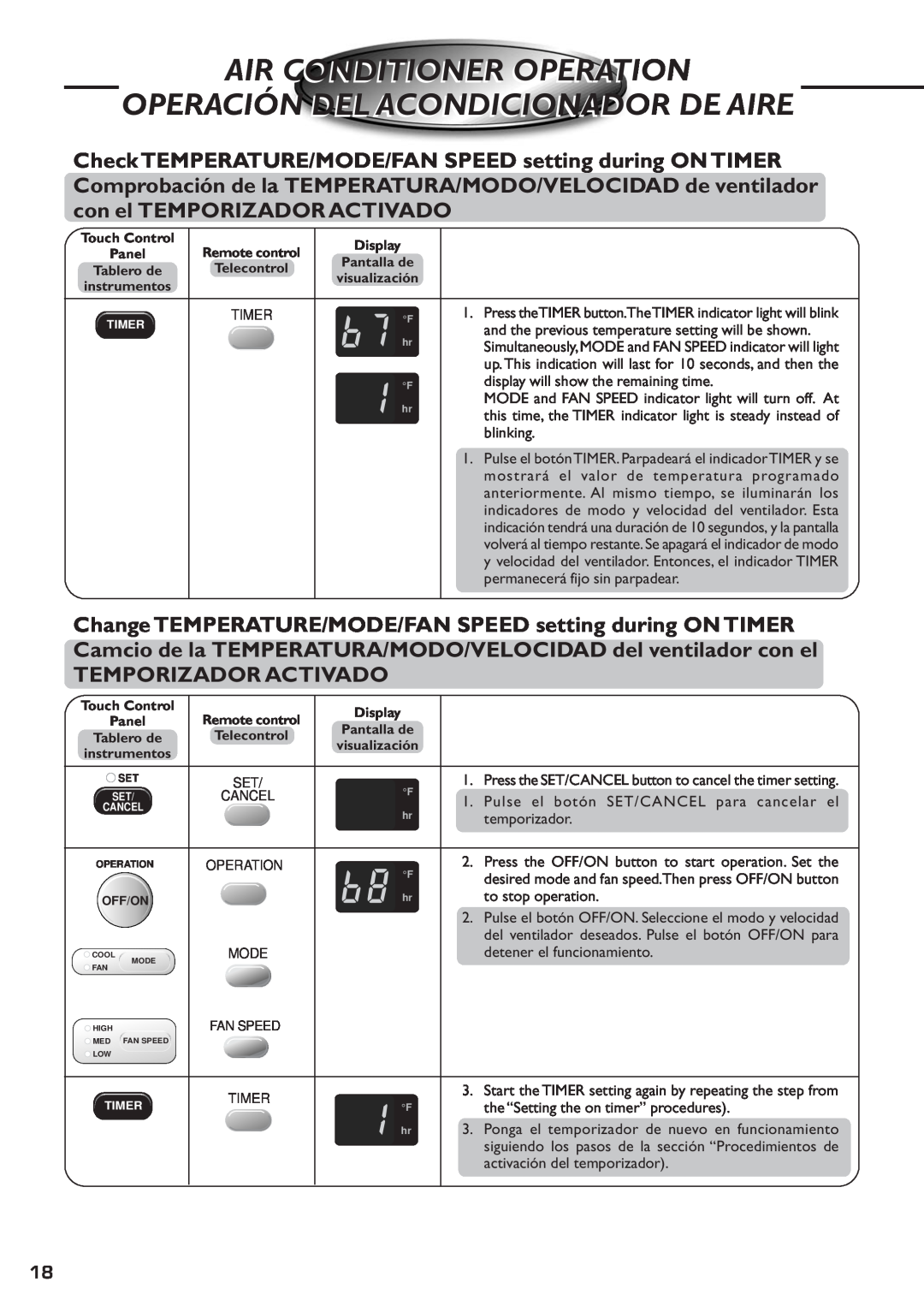 Panasonic CW-XC83YU specifications Temporizador Activado, Air Conditioner Operation, Operación Del Acondicionador De Aire 