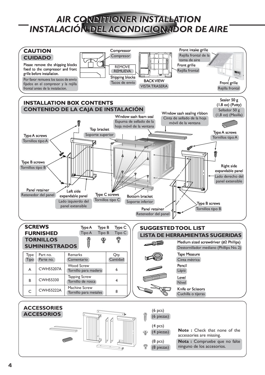 Panasonic CW-XC83YU Air Conditioner Installation, Instalación Del Acondicionador De Aire, Cuidado, Screws, Furnished 