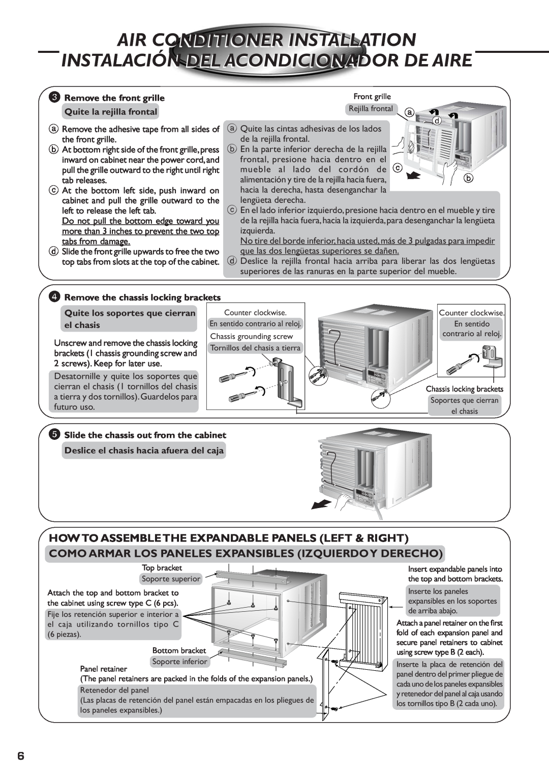 Panasonic CW-XC83YU Air Conditioner Installation, Instalación Del Acondicionador De Aire, 3Remove the front grille 