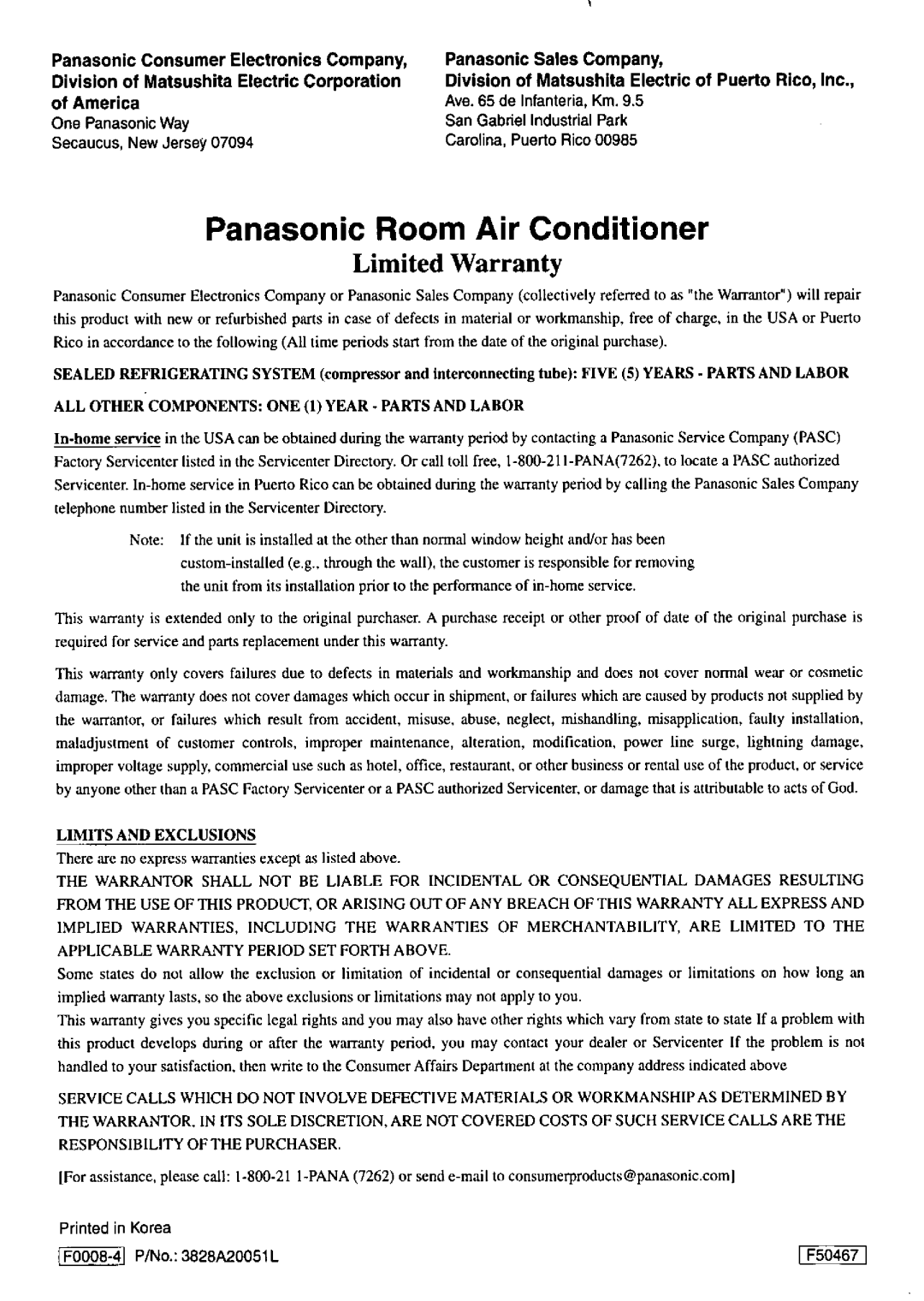 Panasonic CWC50GU manual 