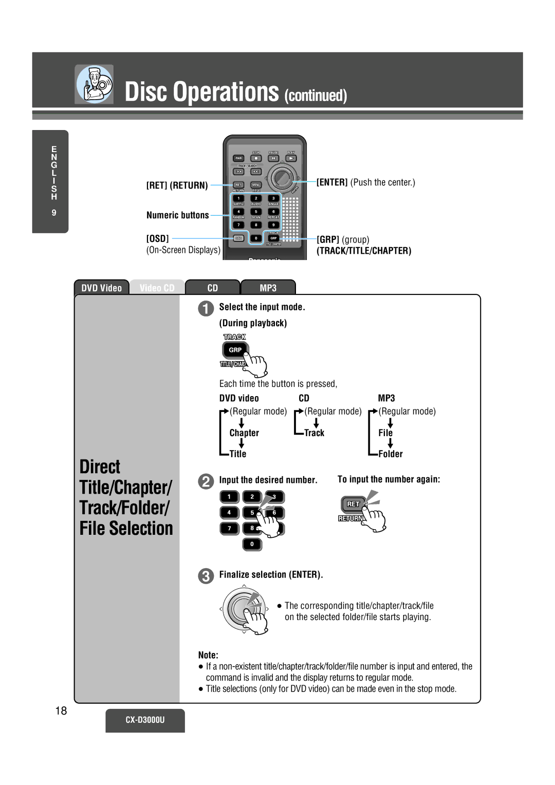 Panasonic CX-D3000U operating instructions Direct, File Selection, GRP group, DVD video, Finalize selection Enter 