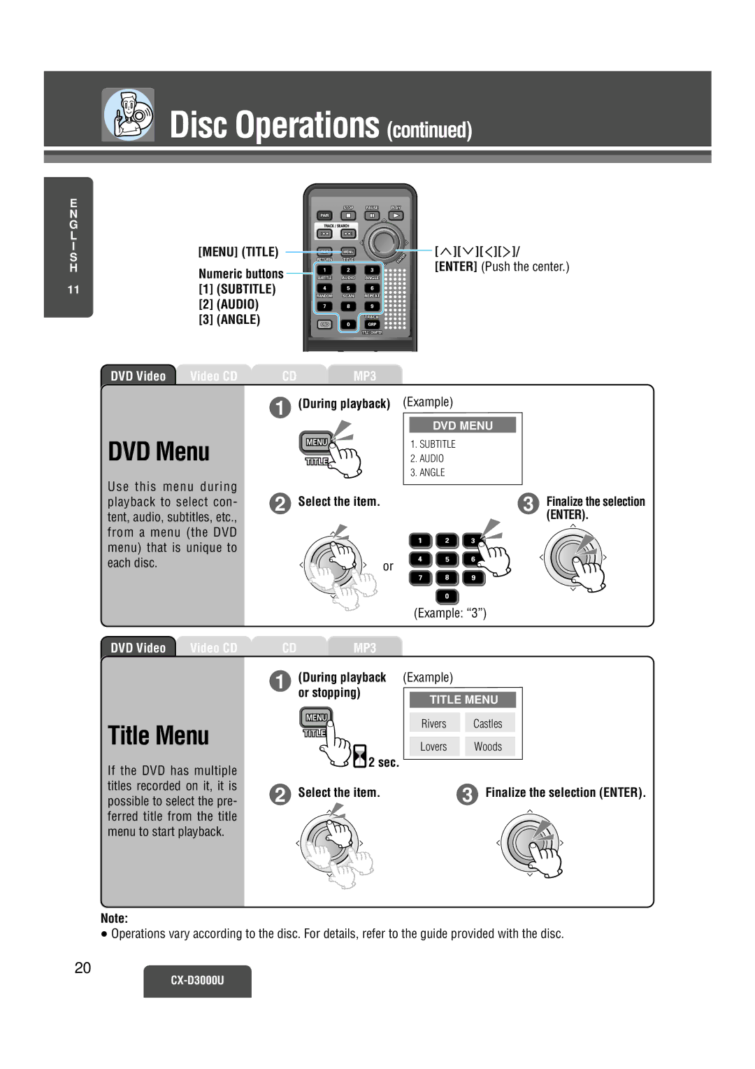 Panasonic CX-D3000U DVD Menu, Title Menu, Numeric buttons, Select the item, During playback Example Or stopping 