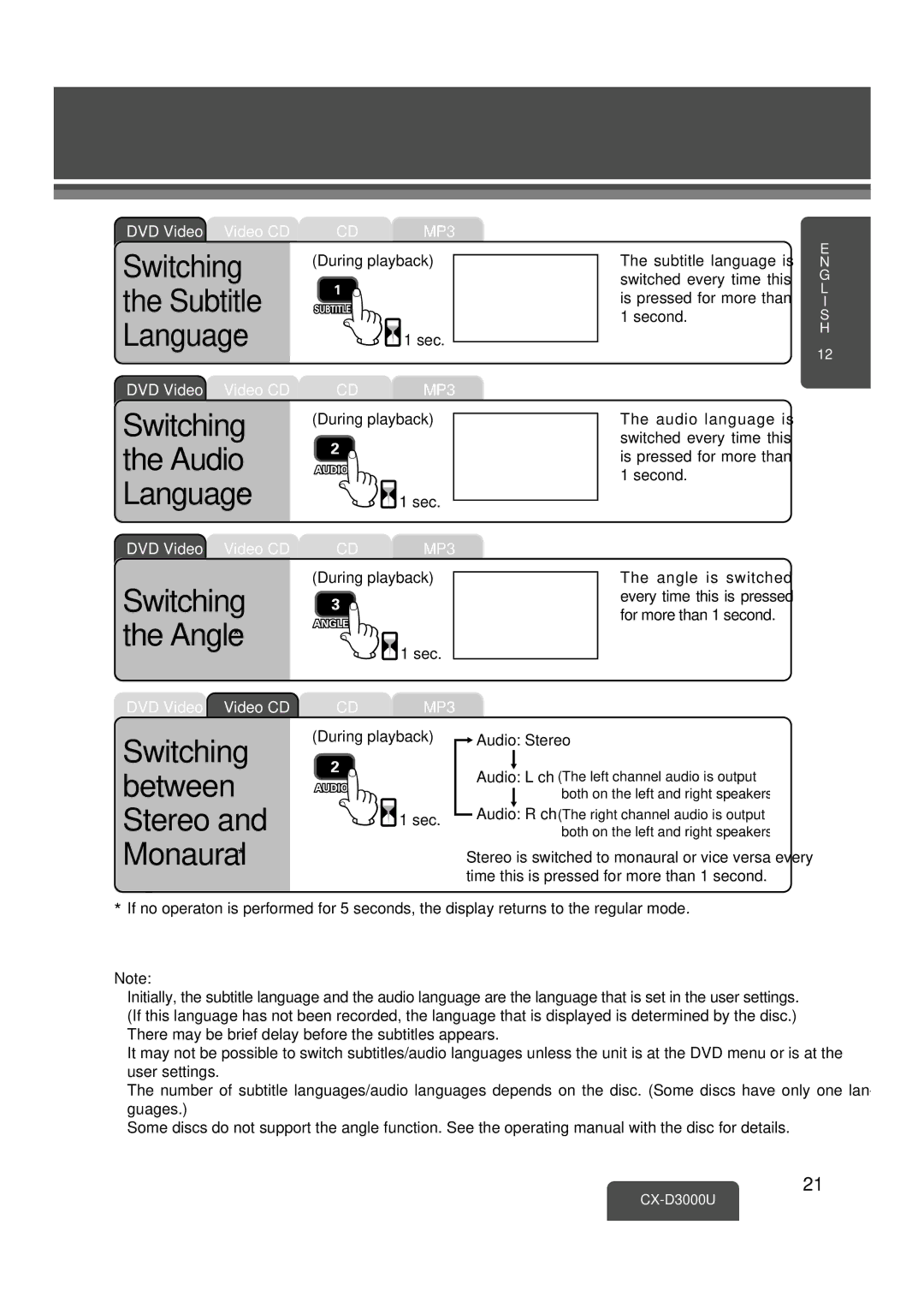 Panasonic CX-D3000U operating instructions Switching Subtitle Language, Switching Audio Language, Audio Stereo 