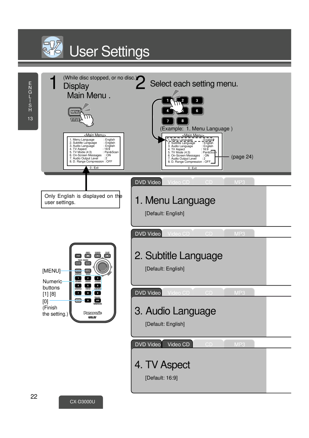 Panasonic CX-D3000U operating instructions User Settings, Menu Language, Subtitle Language, Audio Language, TV Aspect 