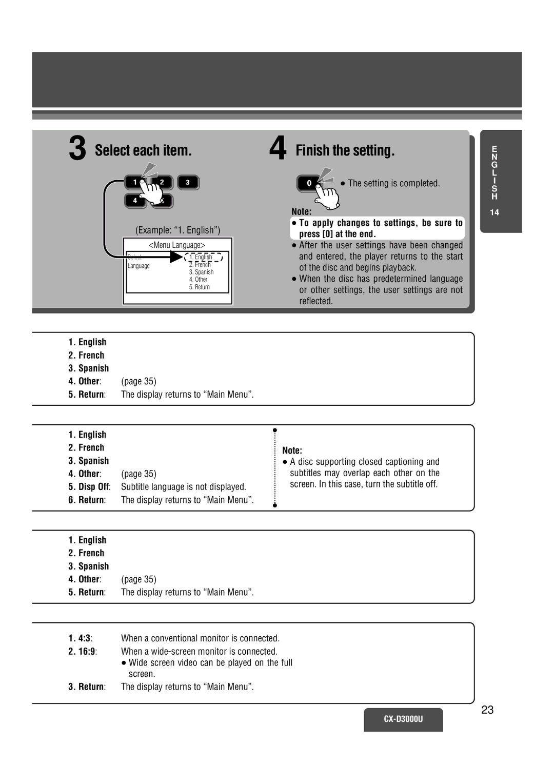 Panasonic CX-D3000U operating instructions Select each item, Finish the setting, English French Spanish Other 