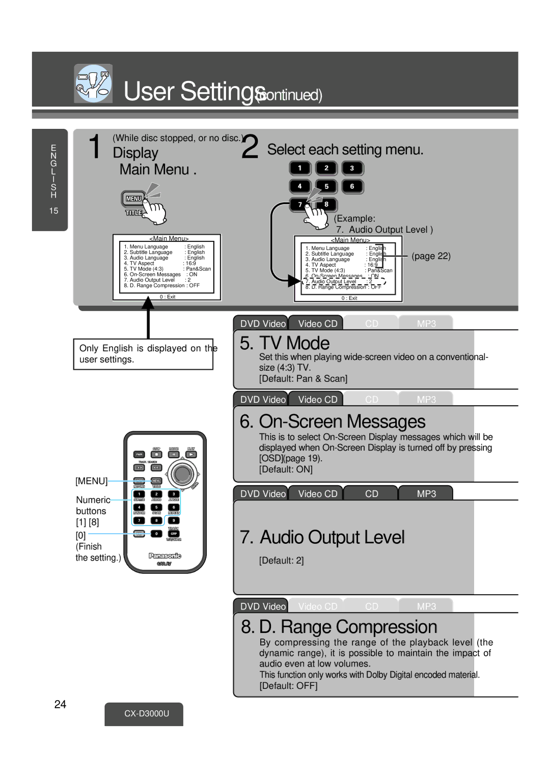 Panasonic CX-D3000U operating instructions TV Mode, On-Screen Messages, Audio Output Level, Range Compression 