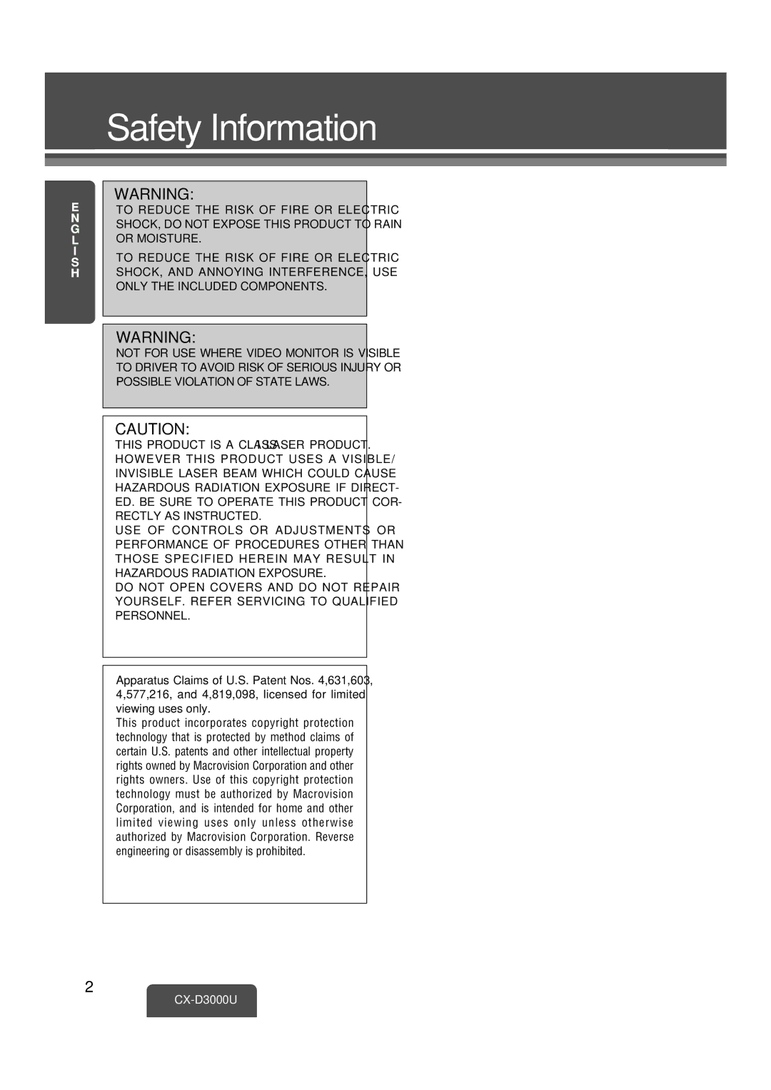 Panasonic CX-D3000U operating instructions Safety Information 