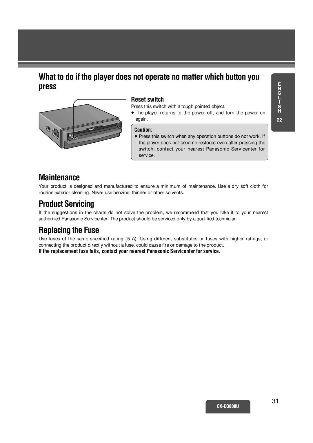 Panasonic CX-D3000U operating instructions Maintenance, Product Servicing, Replacing the Fuse, Reset switch 