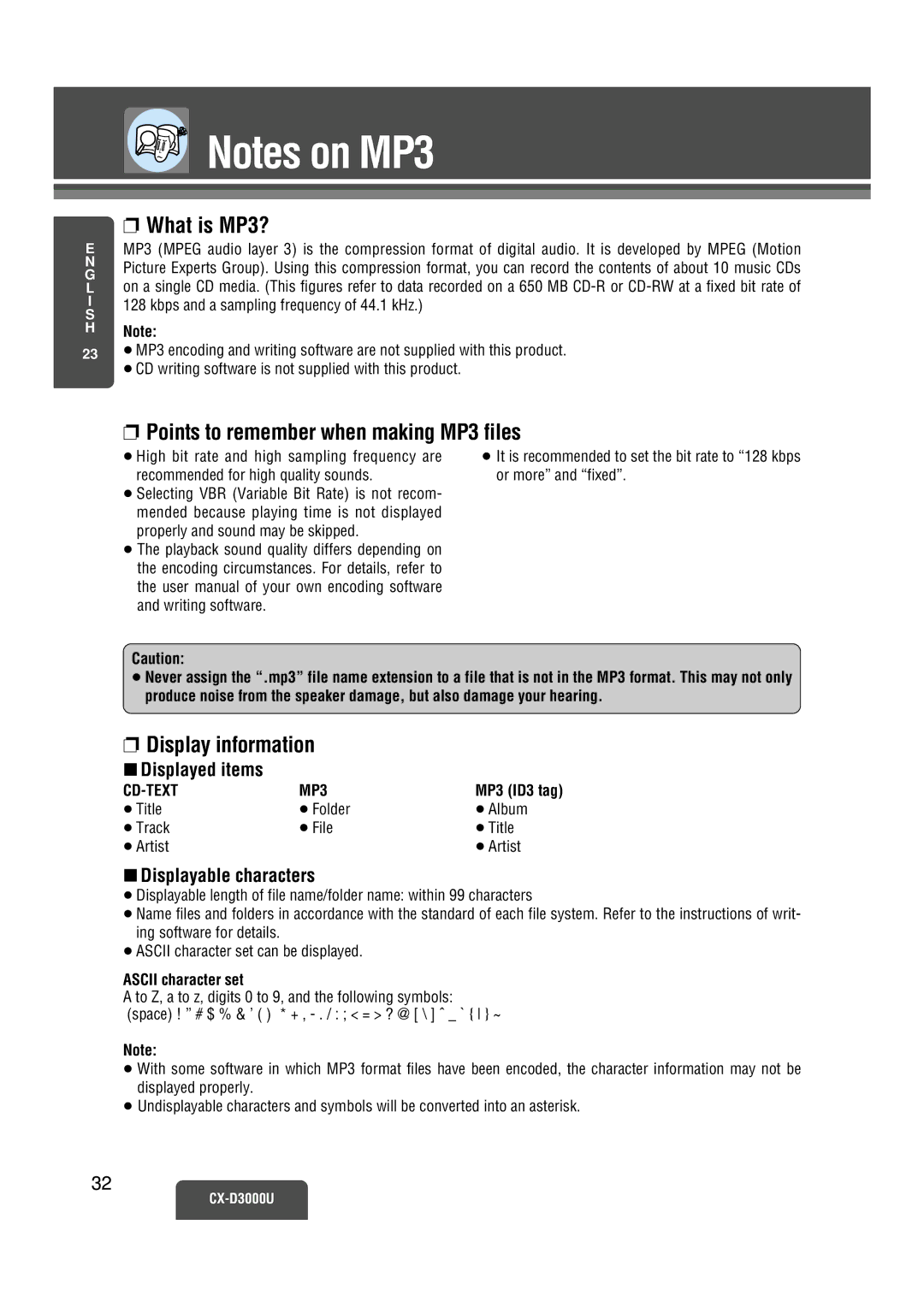 Panasonic CX-D3000U What is MP3?, Points to remember when making MP3 files, Display information, Displayed items 