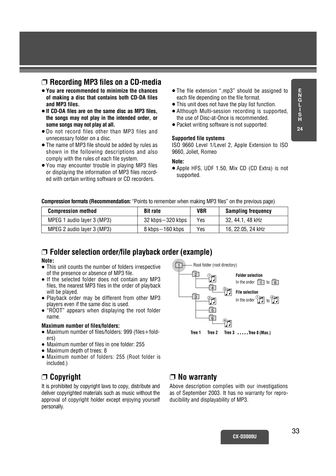 Panasonic CX-D3000U Recording MP3 files on a CD-media, Folder selection order/file playback order example 