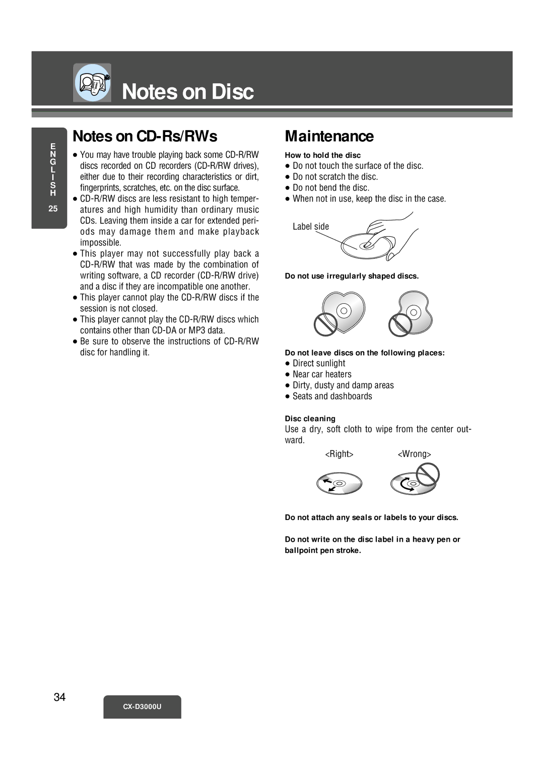 Panasonic CX-D3000U operating instructions Maintenance, How to hold the disc, Disc cleaning 