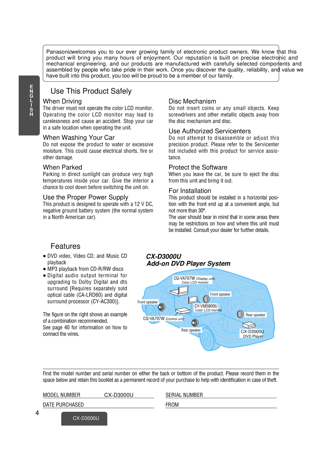 Panasonic CX-D3000U operating instructions Features, When Washing Your Car, When Parked, Use the Proper Power Supply 