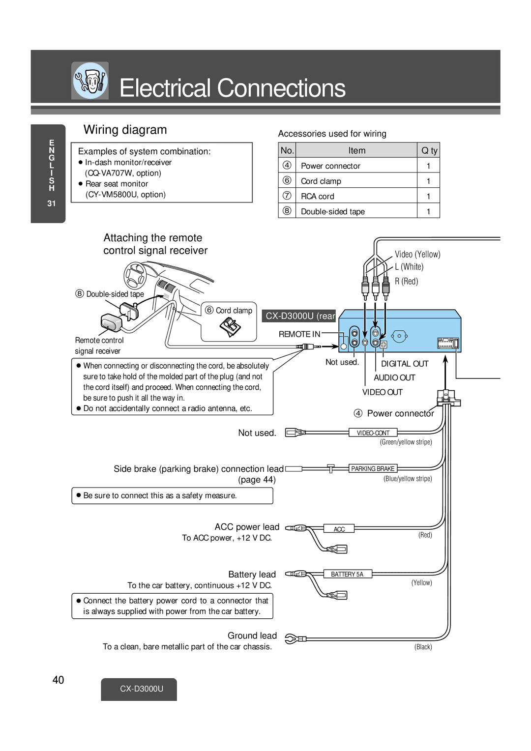 Panasonic CX-D3000U operating instructions Electrical Connections, Wiring diagram 